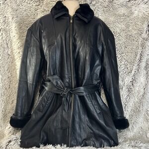 Wilsons‎ Leather Black Leather Faux Fur Lined Belted Jacket Mid-Length  Medium